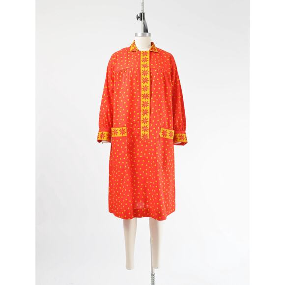 Vintage 60s Red Polka Dot Mod Collared Shift Long Sleeve Casual Smock Dress M L - Picture 2 of 8